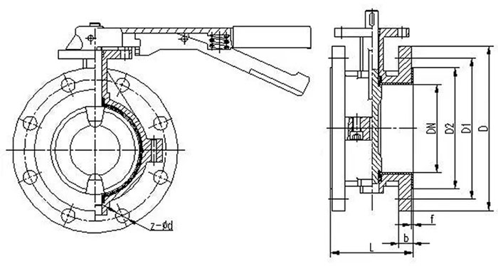 D41F手動(dòng)法蘭蝶閥，不銹鋼法蘭蝶閥，襯四氟法蘭蝶閥結(jié)構(gòu)尺寸